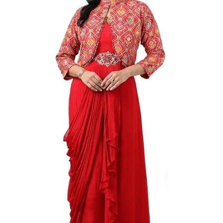 Soch Women Red Chinon Bandhani Print Gown with Sequins