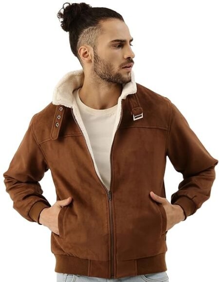 Campus Sutra Men's Front Zipper Jacket With Fleece For Casual Wear | Long Sleeve | High Neck | Zipper Closure | Suede Jacket Crafted With Comfort Fit For Everyday Wear