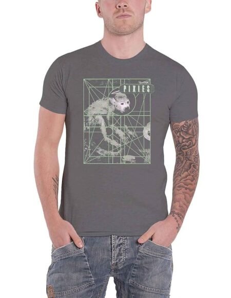 Pixies Men's Monkey Grid Charcoal T-Shirt Dark Grey