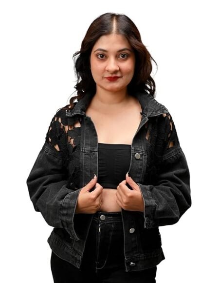 Bithsha Black Floral Cut-Out Back Denim Jacket for Women | Unique Designer Embroidered Lace & Ventilated Mesh Back | Regular Fit Casual Outerwear | Stylish Gift for Girls, Birthday & Anniversary