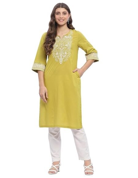 BIBA Women Cotton Straight Embroidered Kurta