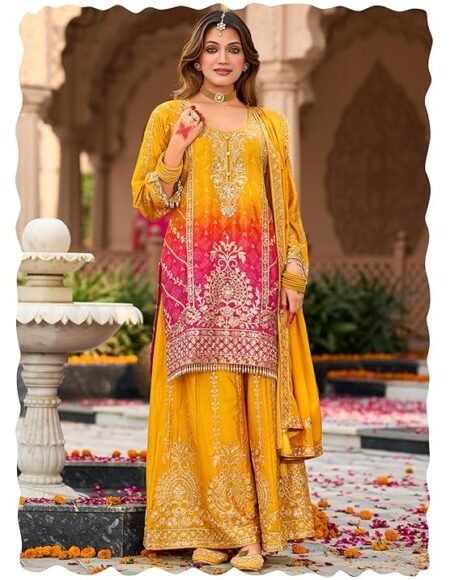 INDO ERA Women's Silk Blend Embroidered Straight Kurta & Palazzo with Dupatta Set