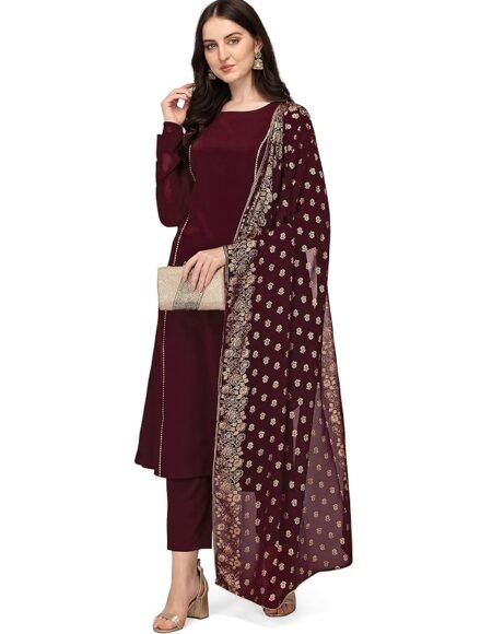 FIORRA Women's Maroon Poly Crepe A-Line Kurta Set With Dupatta