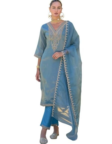 INDO ERA Women's Black Silk Blend Embroidered Straight Kurta & Pant with Dupatta Set (