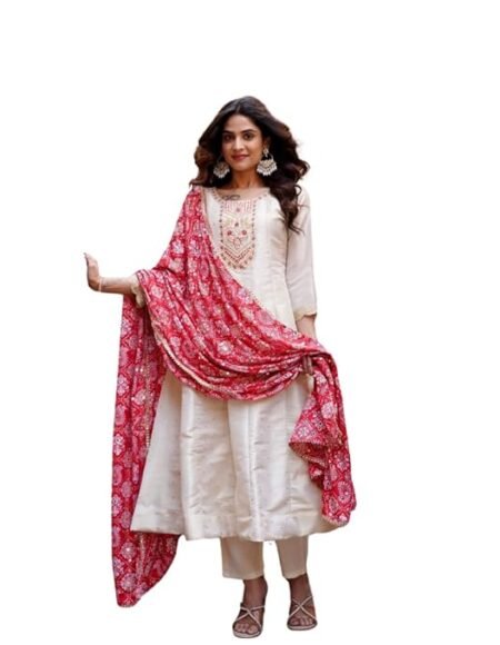 GEETHA CREATION Classic Red & Ivory Ethnic Dress for Women – Embroidered Silk Ensemble with Dupatta