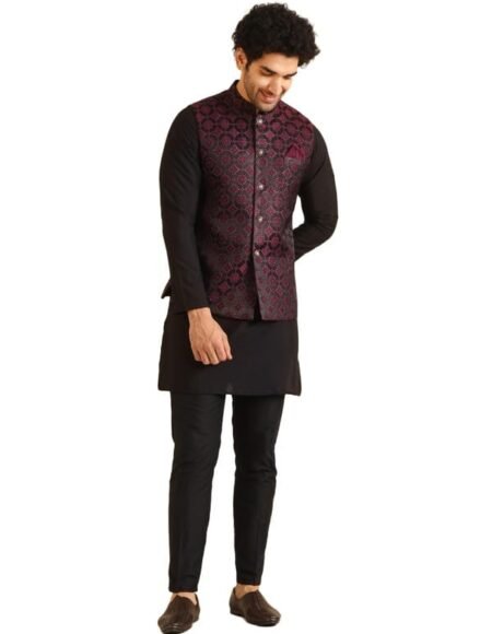 KISAH Men's Kurta Jacket Trouser Set, Burgundy Jacquard, Woven Design Regular Fit Mandarin Collar Long Sleeves