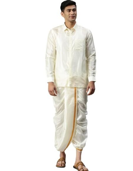 RAMRAJ COTTON traditional silk shirt full sleeve shirt and jari border dhoti for men